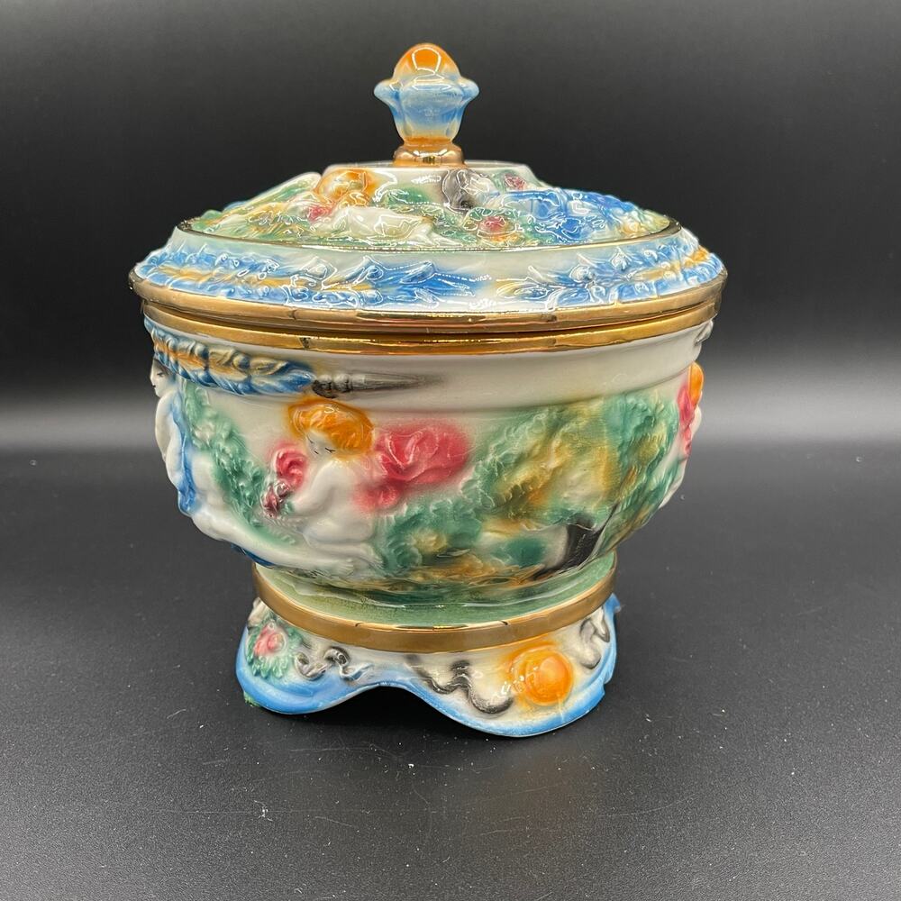 Vintage Norleans Capodimonte Style 8" Lidded Cherub Bowl Made in Italy